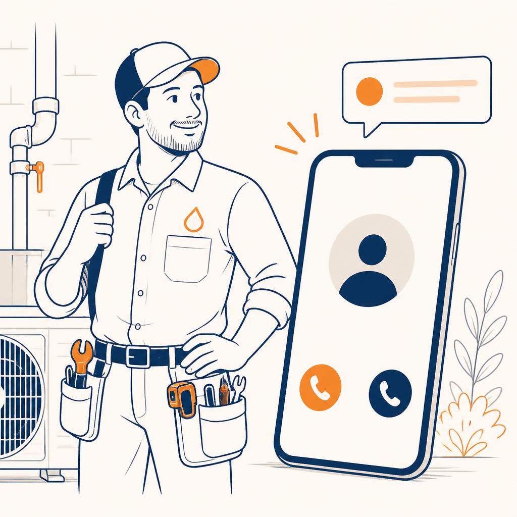 Illustration of a home service technician next to a phone receiving a missed call